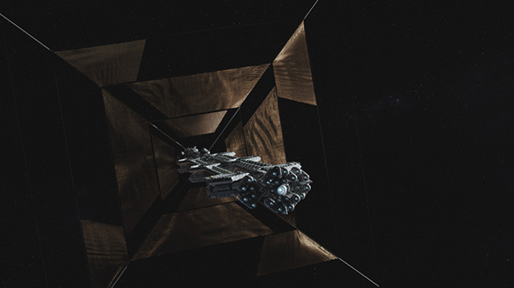 A large, detailed spacecraft flying through a dark, translucent cubic structure in deep space.