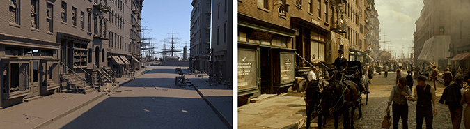 A split image showing a gray, uncolored street set on the left and a warm, color-graded historical street scene on the right.