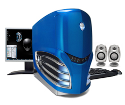 A blue, rounded, futuristic desktop computer tower next to a monitor, keyboard, mouse, and speakers.
