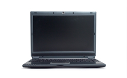 An open dark grey laptop with a black screen facing forward against a plain white background.
