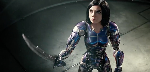 A woman with dark hair in purple metallic robotic armor holding a curved sword.