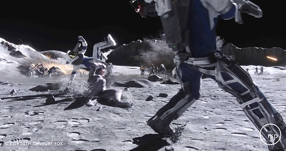 Futuristic armored figures move across a rocky, moon-like surface under a dark sky.