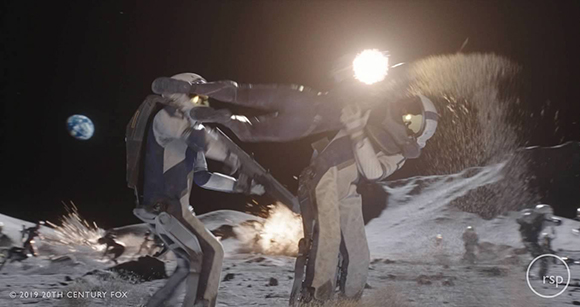 Two astronauts in white and blue suits engage in combat on a lunar landscape with Earth in the background.