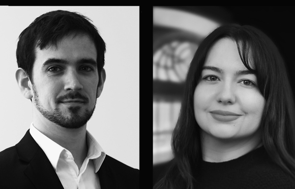 Black and white portraits of a man in a suit and a woman with long hair.