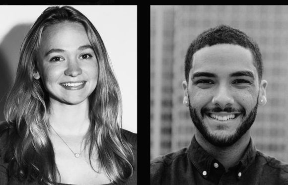 Black and white portraits of a smiling woman with long hair and a smiling man with a beard.