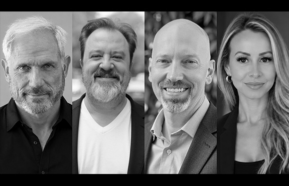 Four black and white portrait headshots of a man with a beard, a man with a mustache, a bald man, and a woman.