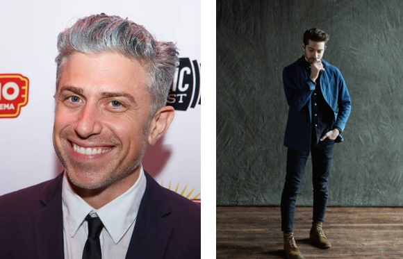 Split image: a smiling man in a suit on the left and a man posing in a blue jacket and dark pants on the right.