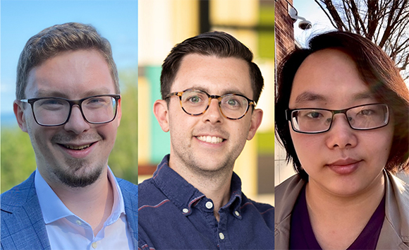 Three portrait headshots of a man with glasses, a man with glasses, and a person with glasses.