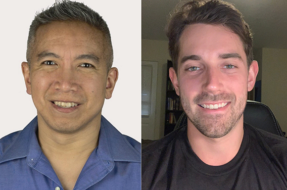 Split view of two men smiling, one in a blue shirt against a white background and one in a black shirt.