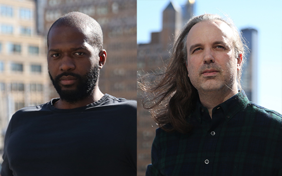 Split portrait of a Black man with a beard and a man with long hair against city buildings.