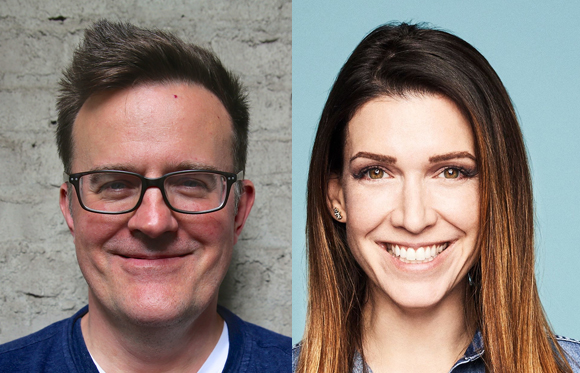 A split-screen portrait featuring a smiling man with glasses on the left and a smiling woman on the right.