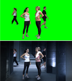 Split view showing four people on a green screen above a composited shot in a dark hallway.