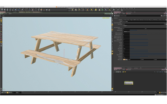 A 3D software interface showing a digital model of a wooden picnic table with attached benches.