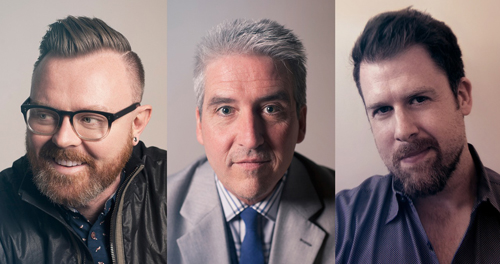 Three headshots of men with different hair colors and facial hair styles arranged in a vertical triptych.