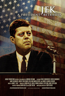 Stylized portrait of John F. Kennedy against a backdrop of the American flag.
