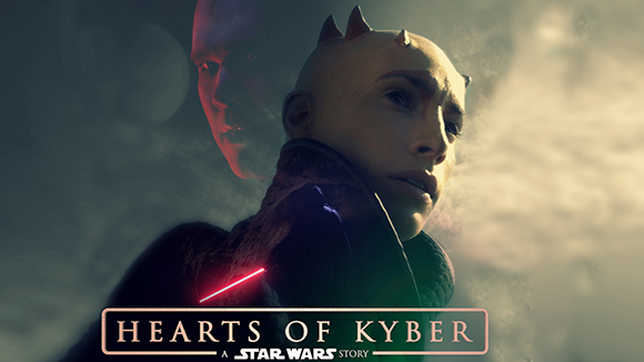 A horned character looks upward next to a large, shadowy face against a cloudy, celestial background.