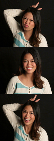 Three portraits of a woman in a white and blue striped shirt making silly, smiling, and playful faces.