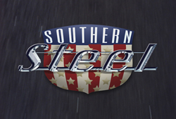 Logo for Southern Steel featuring a shield with stars and stripes and metallic text.