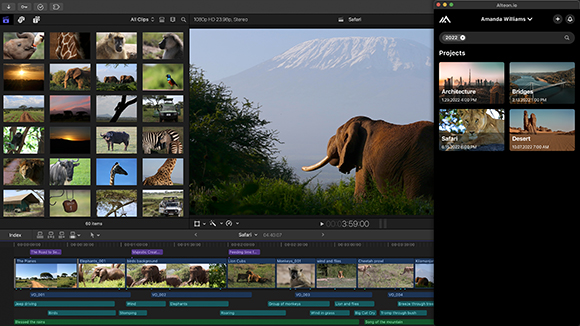 Video editing software showing a grid of wildlife clips and a large preview of an elephant near a mountain.