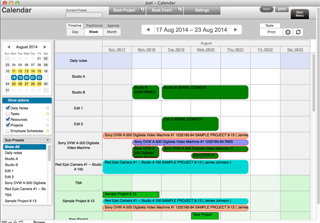 A software calendar interface displaying a weekly schedule with color-coded blocks for various studio and equipment bookings.