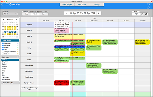 A software calendar interface showing a weekly view from April 16 to April 22, 2017, with various colored task blocks.