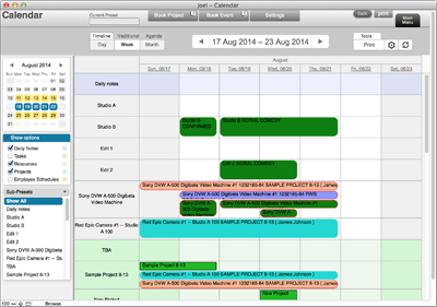 A software calendar interface displaying a weekly schedule with various color-coded project blocks.