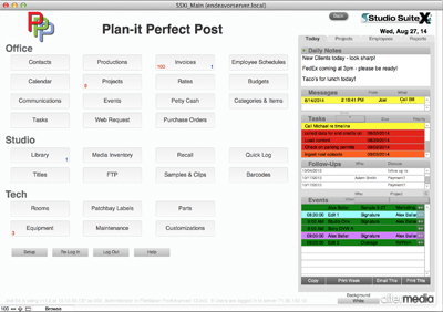 Software interface for Plan-it Perfect Post showing office, studio, and tech management modules.