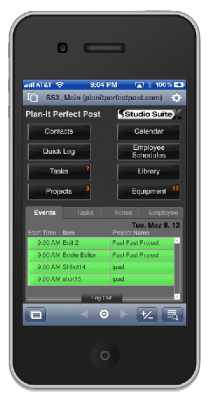 Smartphone screen showing a black mobile app interface with various menu buttons and a schedule list.