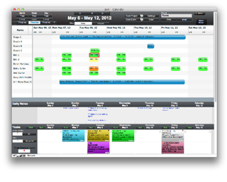 A software interface displaying a weekly calendar view with color-coded task blocks from May 6 to May 12, 2012.