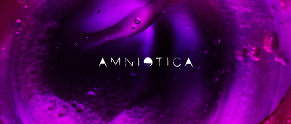Abstract purple liquid with bubbles and the word AMNIOTICA in white text centered.