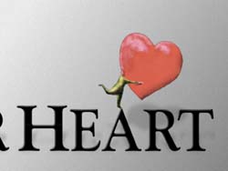 A small green figure struggles to carry a large, bright red heart above the word HEART.