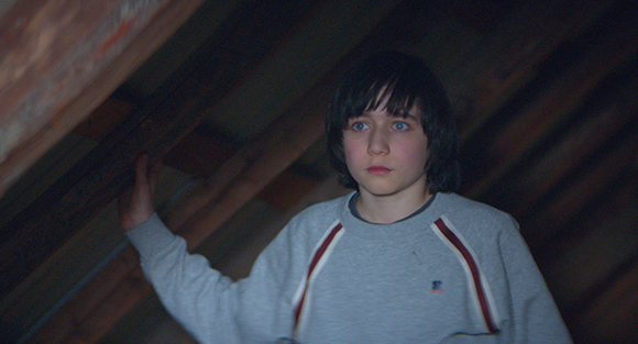 A young boy with dark hair looks wide-eyed and startled in a dark, wooden attic space.