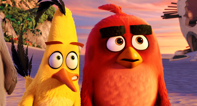 A yellow bird and a red bird with large eyes and thick eyebrows looking toward the camera.
