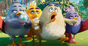 Four colorful animated birds with various expressions standing in a lush, green tropical environment.