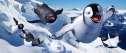 Animated penguins sliding and flying through a snowy, mountainous landscape under a blue sky.