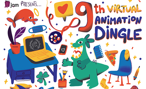 Colorful cartoon illustration with a green dinosaur, a laptop, and text reading 9th Virtual Animation Dingle.