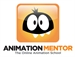 Logo for Animation Mentor featuring a black cartoon character with large eyes on an orange square.