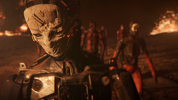 A close-up of a character wearing a textured, pale mask in a dark, firelit environment.