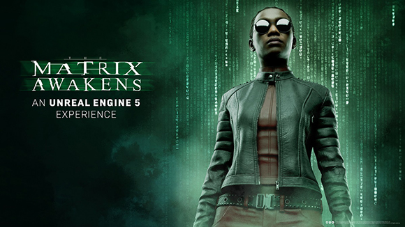 A woman in sunglasses and a black leather jacket stands against a green digital rain background.