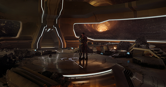 A person stands in a dark, futuristic spaceship interior looking out a large window at a swirling golden nebula.
