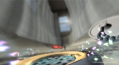 A tiny silhouette stands in a large, dimly lit room with massive curtains and a giant pearl necklace.
