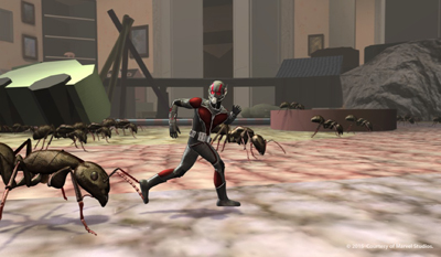 Ant-Man in a black and red suit runs across a surface surrounded by giant ants.