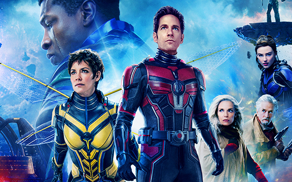 A group of characters in superhero costumes and civilian clothing against a cosmic blue background.