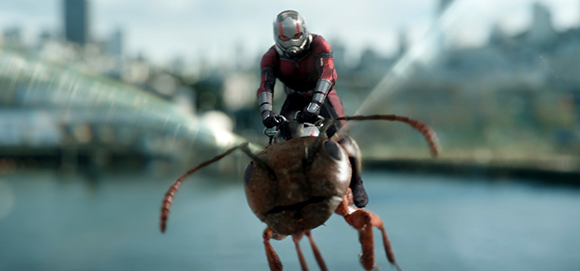 A person in a red and silver armored suit riding on the back of a large ant over a city waterfront.