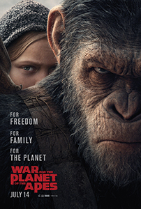 Close-up of a chimpanzee's face next to a young girl's face with movie title text.