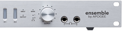 Front panel of a silver Ensemble by Apogee audio interface with knobs, buttons, and input/output indicators.