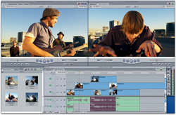 Video editing software interface displaying two video clips of musicians and a multi-track timeline below.