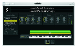 Digital music software interface for Grand Piano & Strings with knobs, instrument list, and a virtual keyboard.