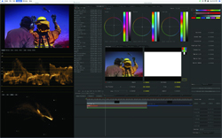 Digital video editing software interface with color wheels, timelines, and video playback windows.