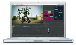 A silver laptop open on a white background, showing a video editing interface with a robot on screen.